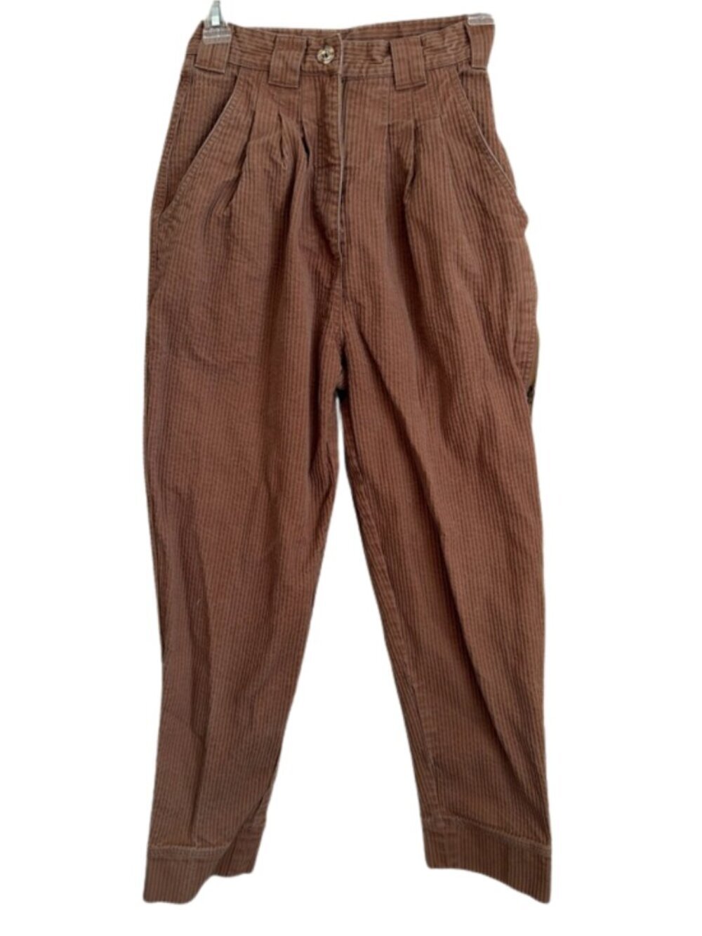 Vintage 80s Together High Waist Pleated Cuffed Brown Striped Cotton Trousers 4 - Picture 1 of 14